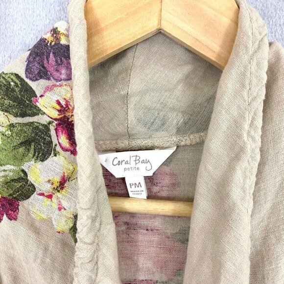 Coral Bay Floral Oversized Linen Open Front Jacket PM Petite Medium Beach Beige - Picture 3 of 16